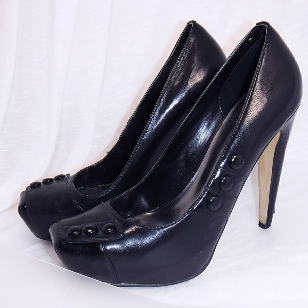 Bakers black leather square toe button heels